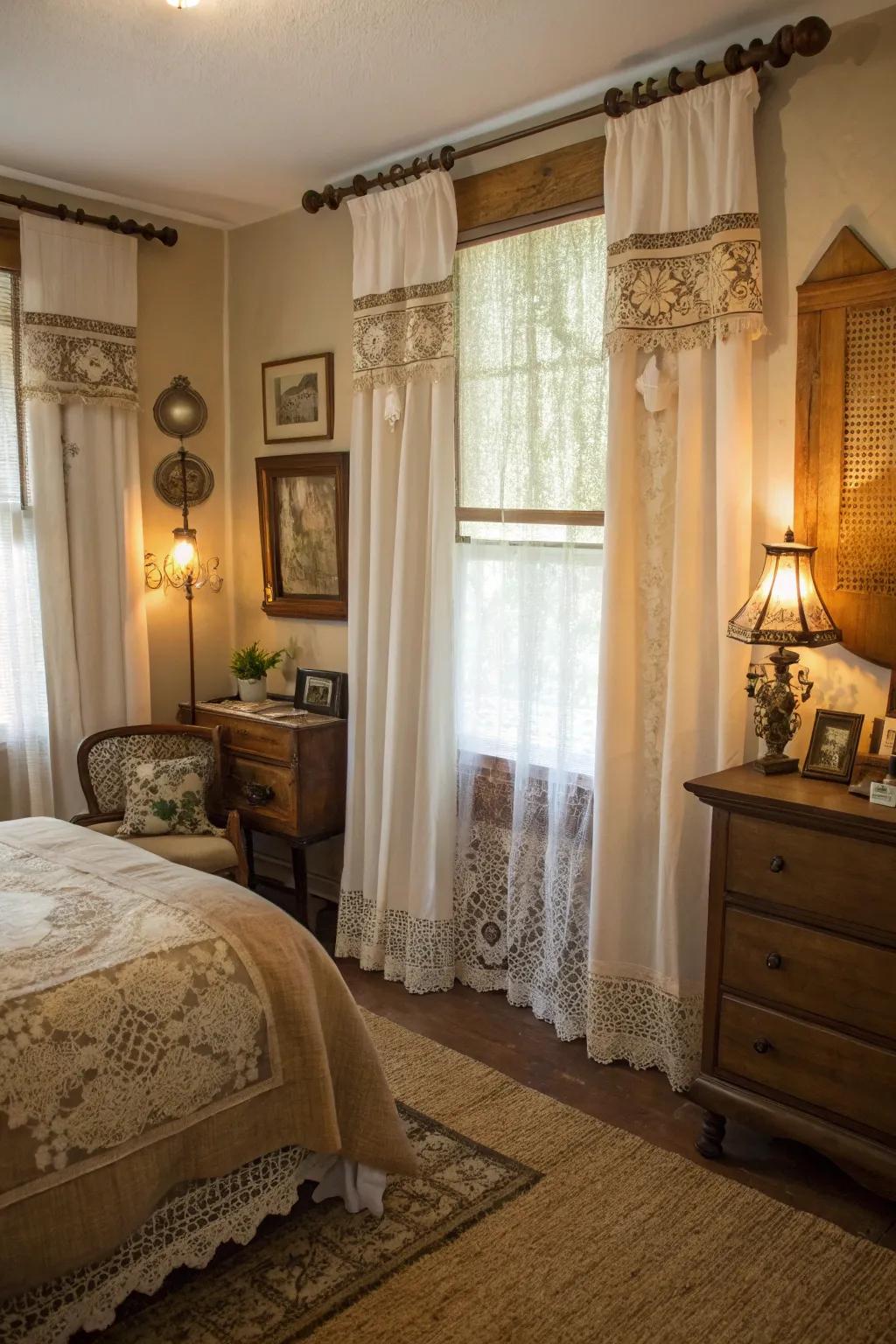 Charming romanticism featuring layered hessian and lace drapes.