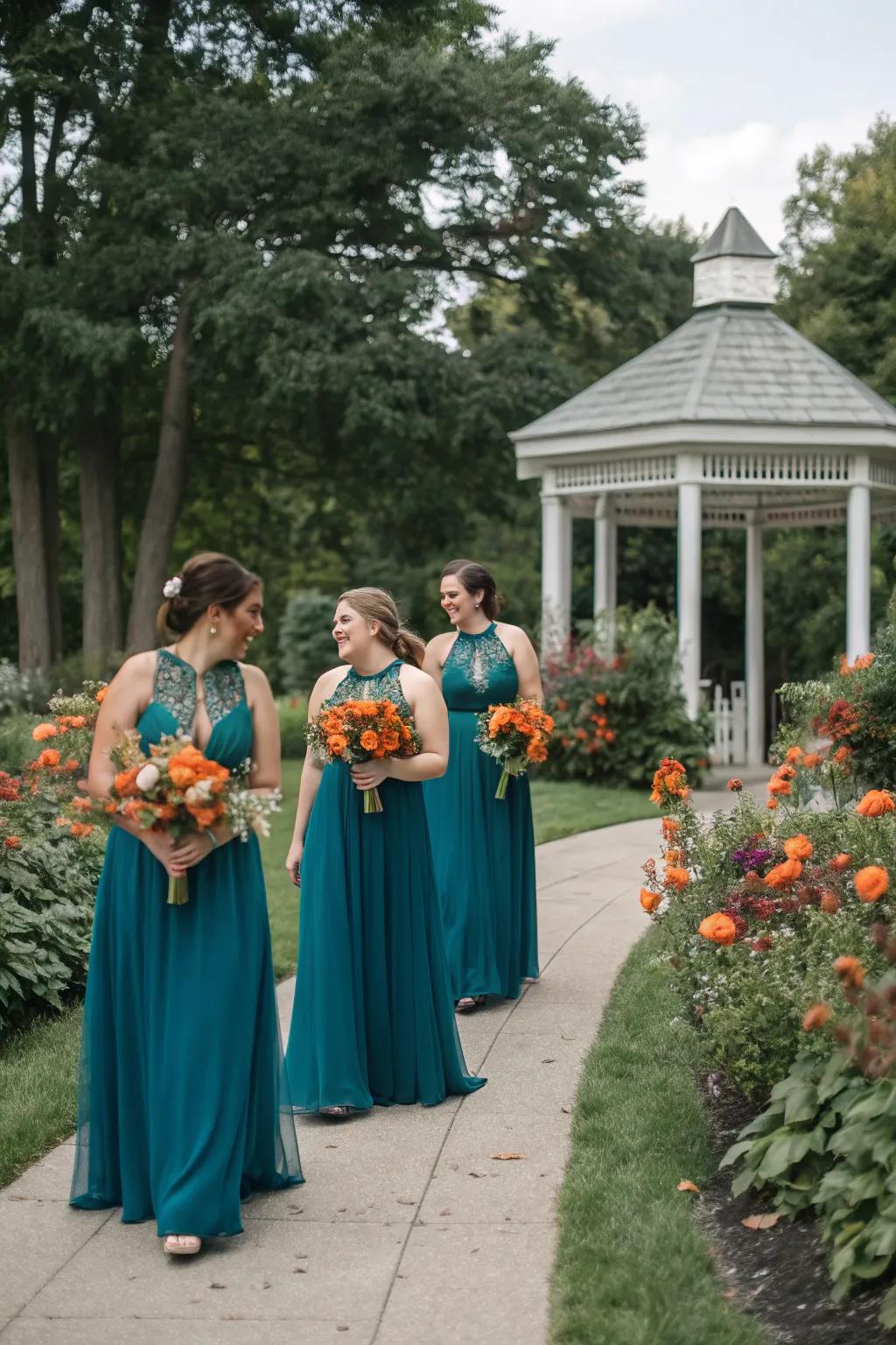 Wedding party looking fabulous in cerulean and rust orange outfits.