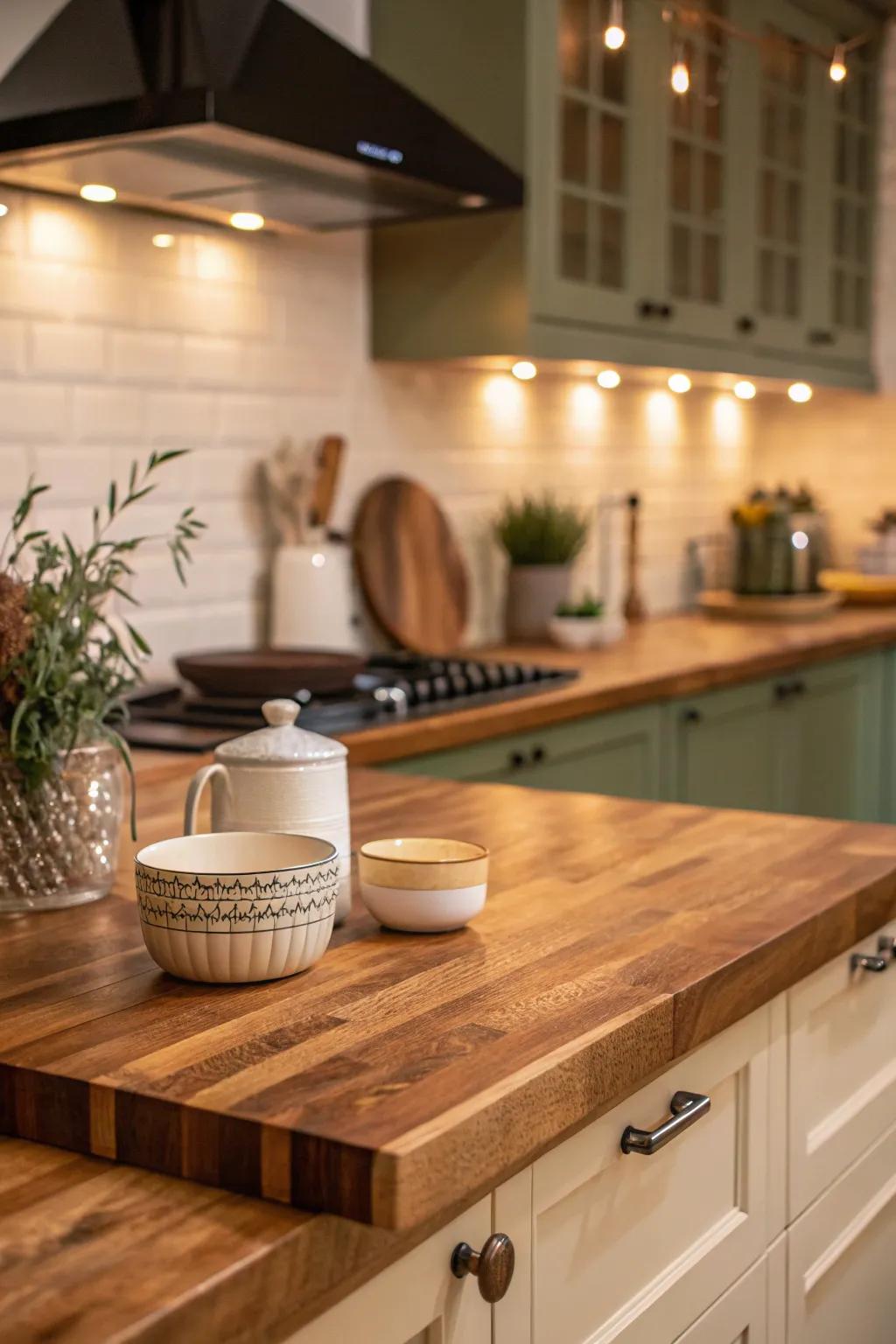 A central timber block surface introduces warmth and utility to any kitchen layout.