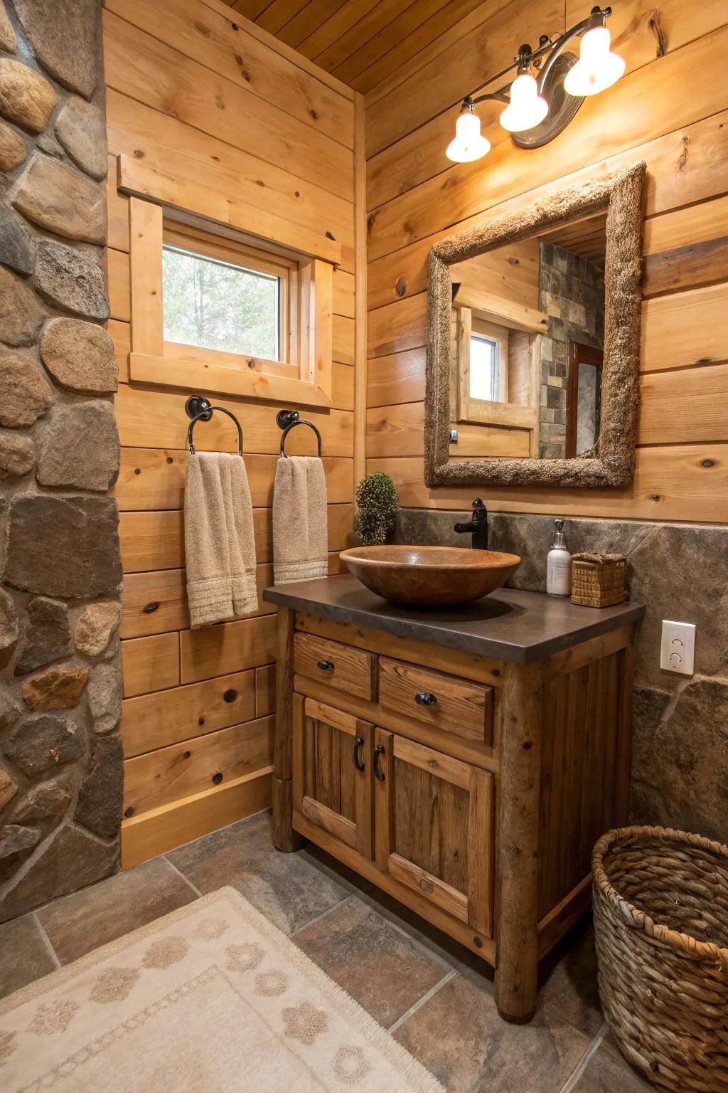 A cabin bathroom illustrating natural color palettes that enrich the wooden accents.