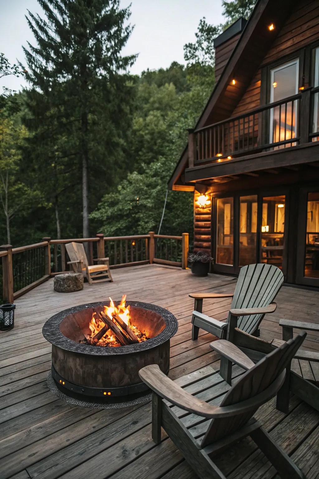 An intimate <strong><em>fire pit</em></strong> setting perfect for evening gatherings.” loading=”lazy” class=”pimg”>
	</picture><figcaption>An intimate <strong><em>fire pit</em></strong> setting perfect for evening gatherings.</figcaption></figure>
<p>Fashion a welcoming <strong><em>fire pit</em></strong> area on your <strong><em>deck</em></strong> where companions and family can convene for coziness and dialogue. Believe me, there’s nothing quite like a sparking fire to render your evenings unforgettable.</p>
<h3>Try these:</h3>
<ul class=