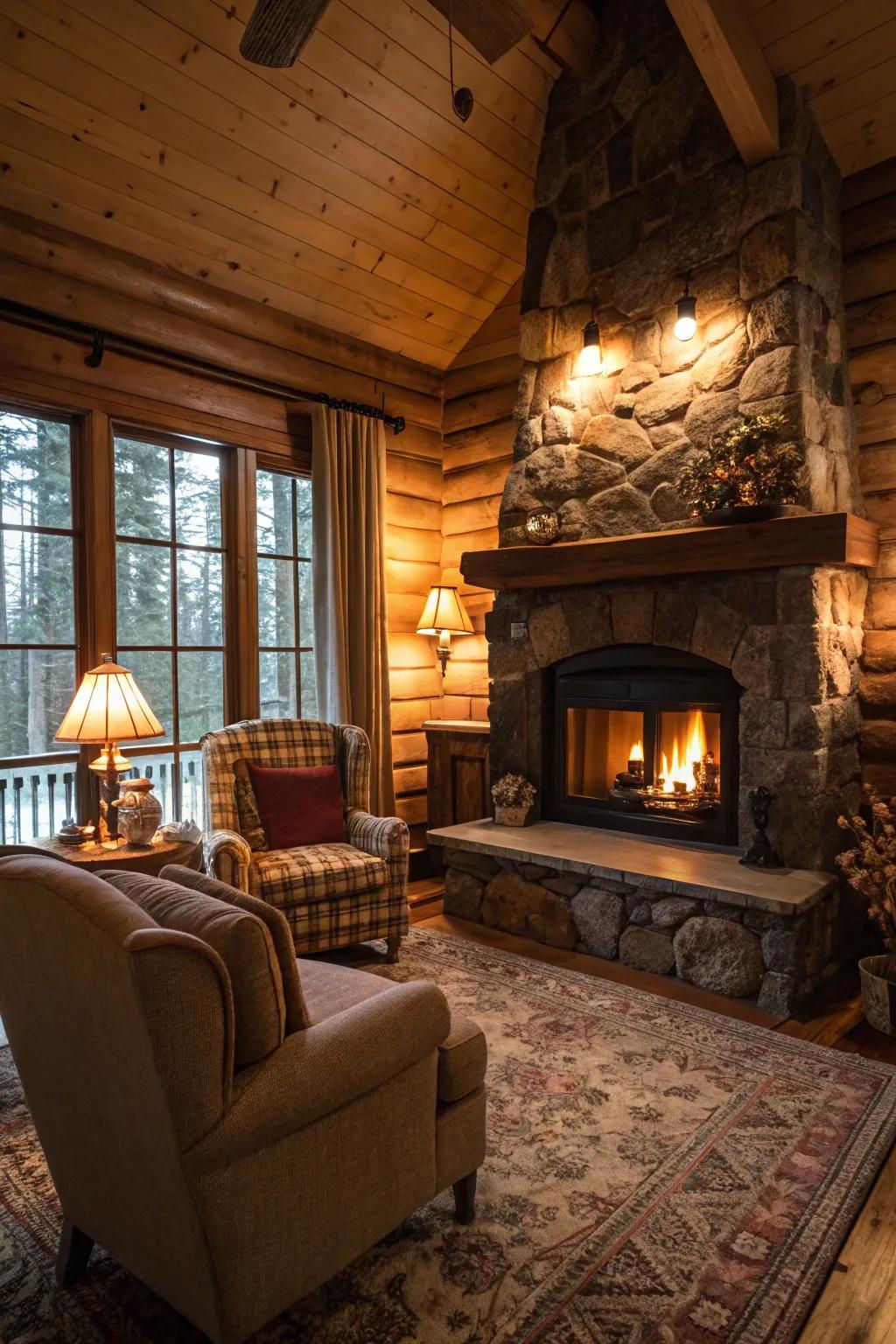 Inviting cabin living room featuring a warm fireplace