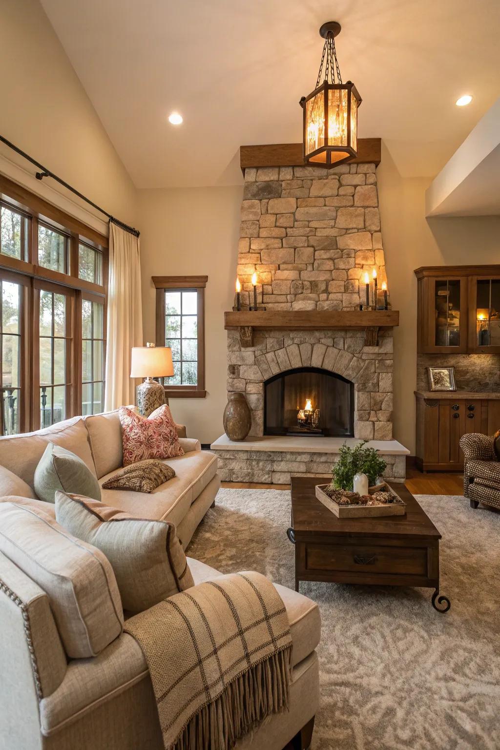 A living room arranged around a stone fireplace, radiating warmth and comfort.