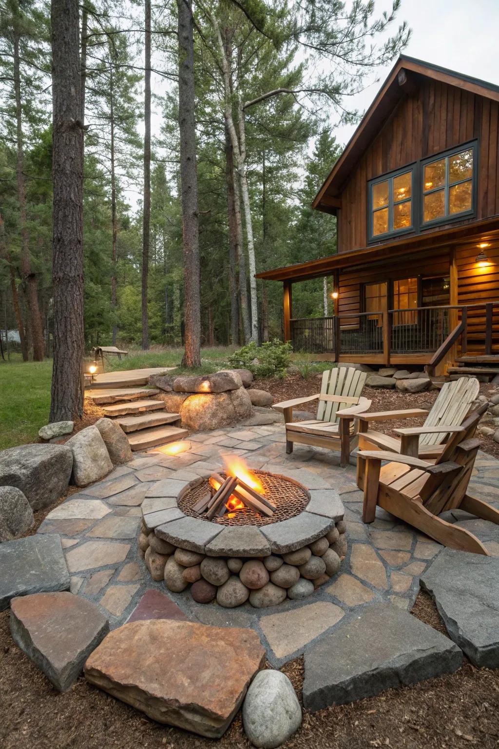 A bonfire area provides a snug gathering spot in your cabin's setting.