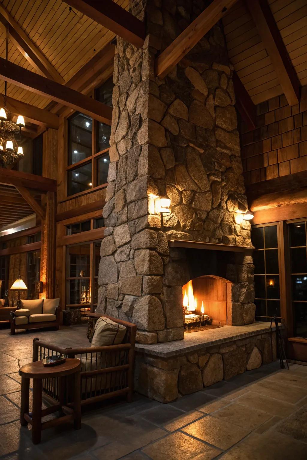 A stone fireplace with inviting lights creating a comfortable prime focus in a cabin.