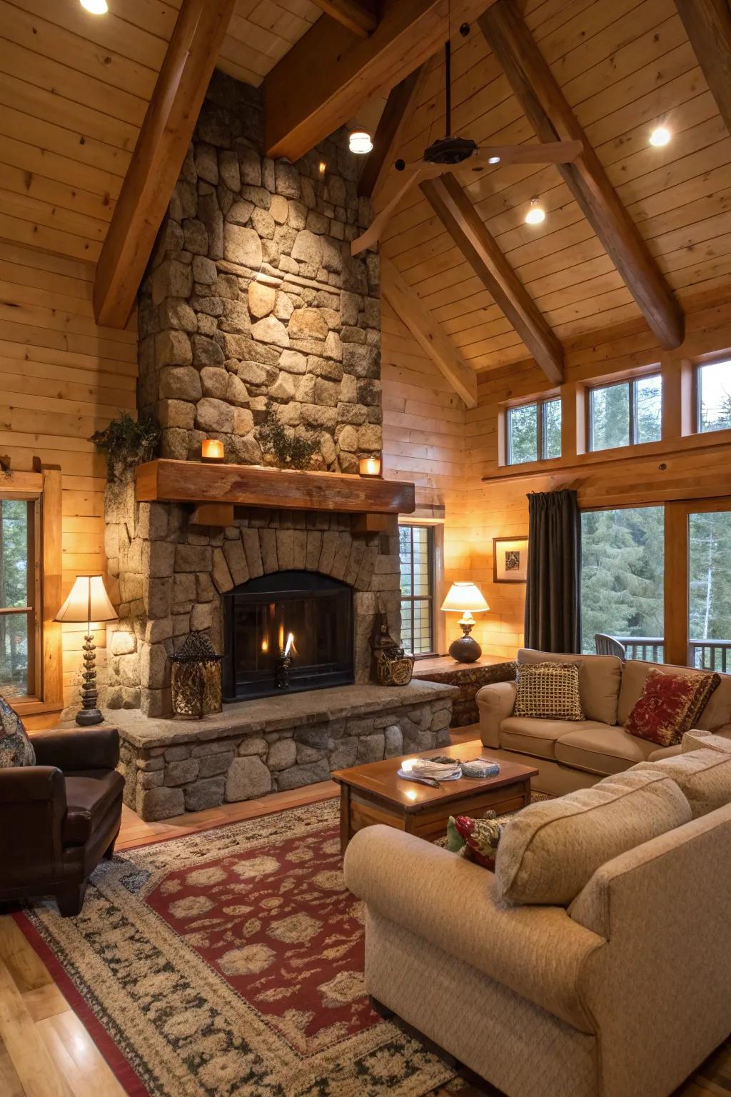 A grand stone fireplace serves as the main attraction of this appealing cabin living space.