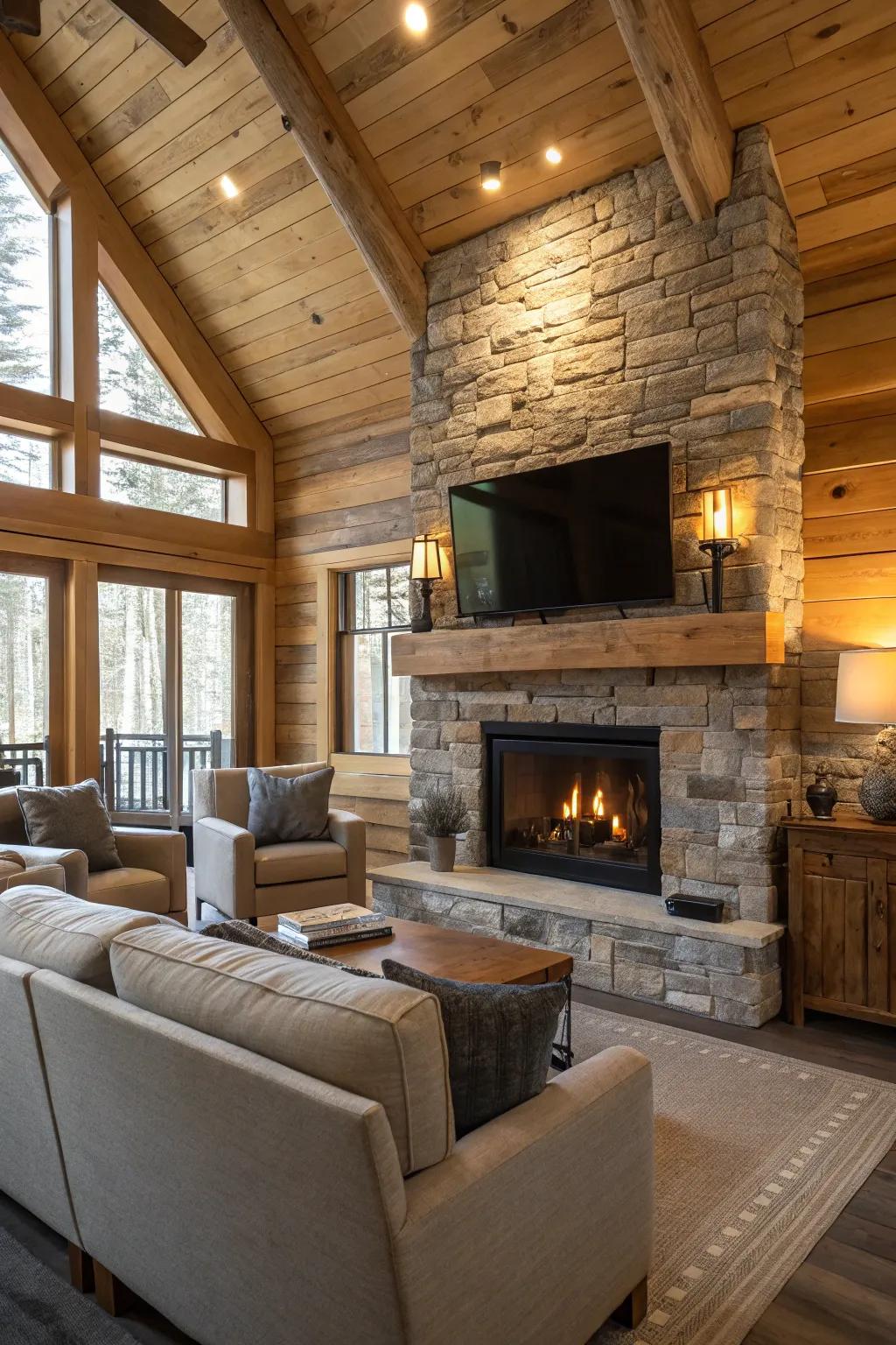 A seamless fusion of modern design and classic comfort in a cabin's living space.