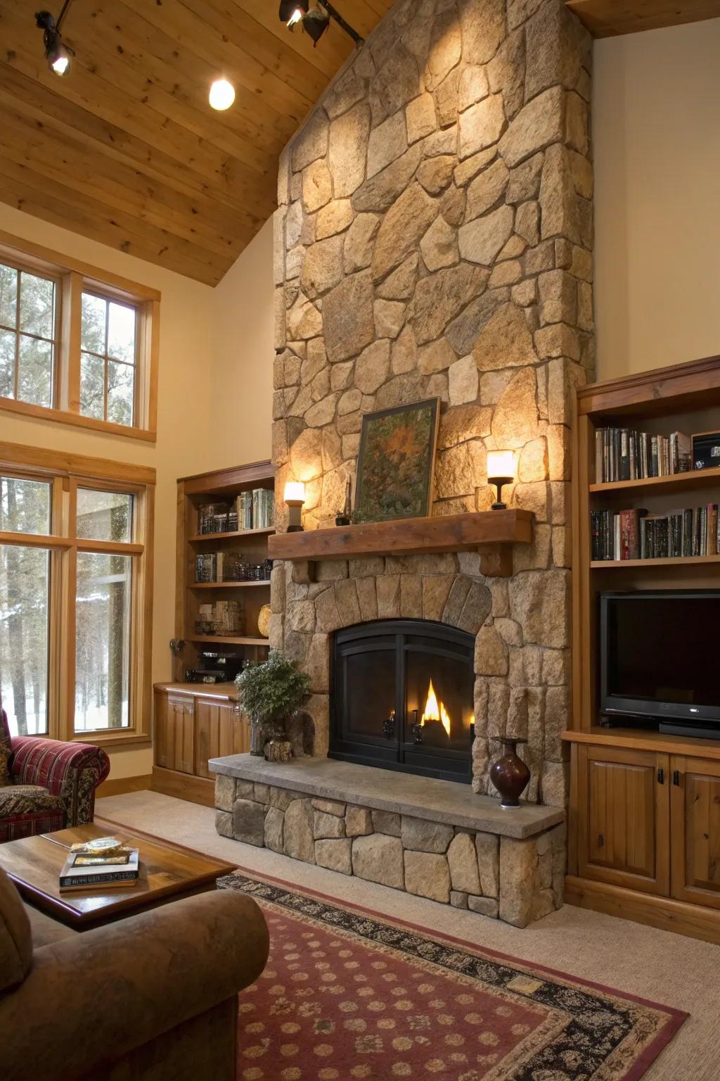 Comforting hearth featuring a striking stone decorated wall.