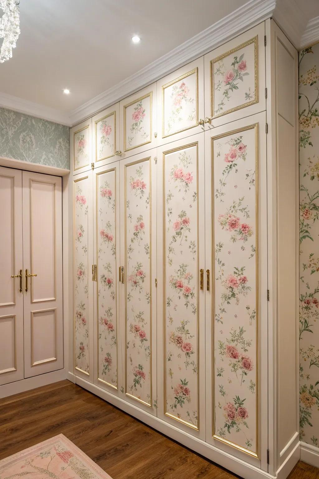 Floral coverings add beauty to these cabinet doors.