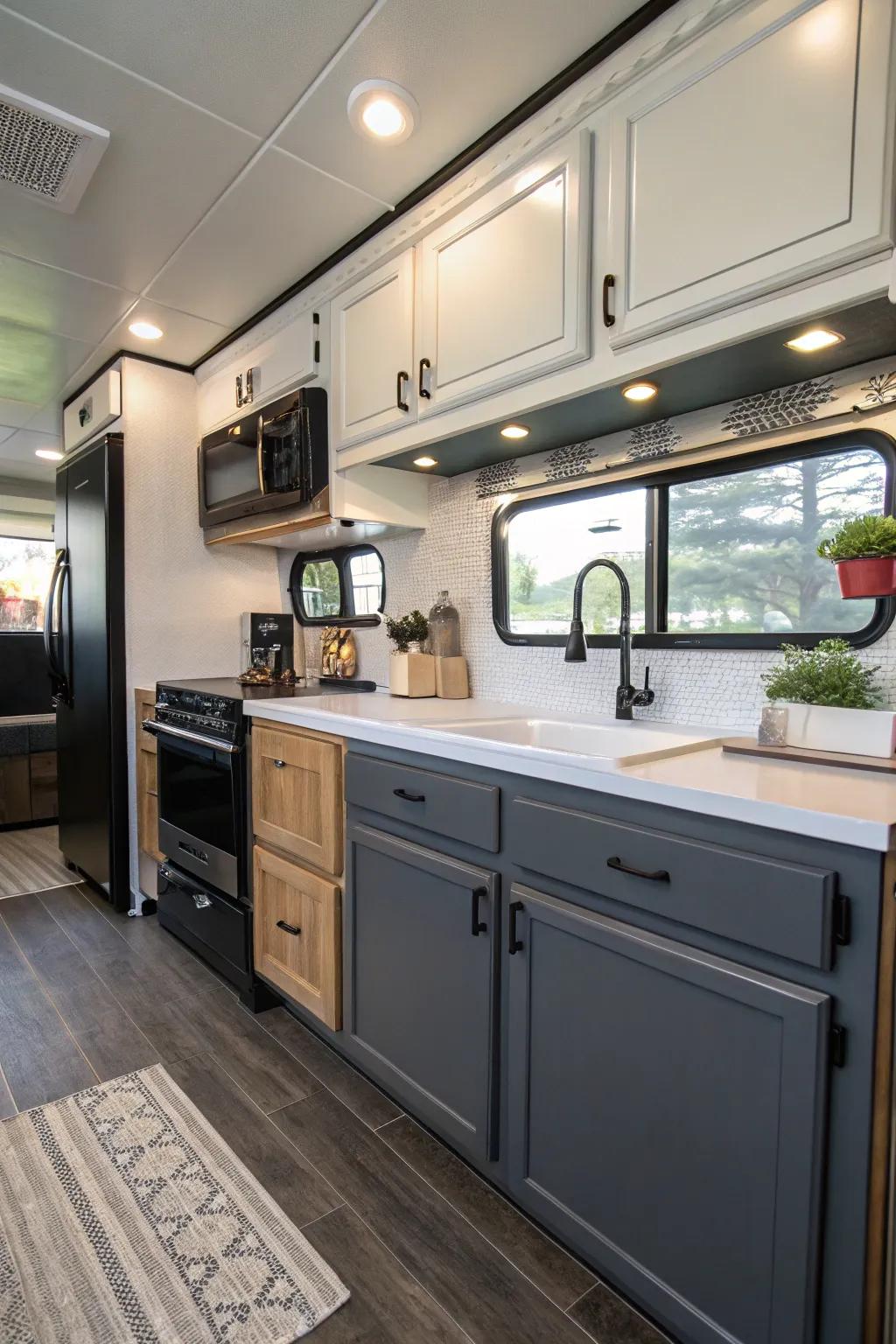 Two-tone cabinets bring a modern flair to your RV.