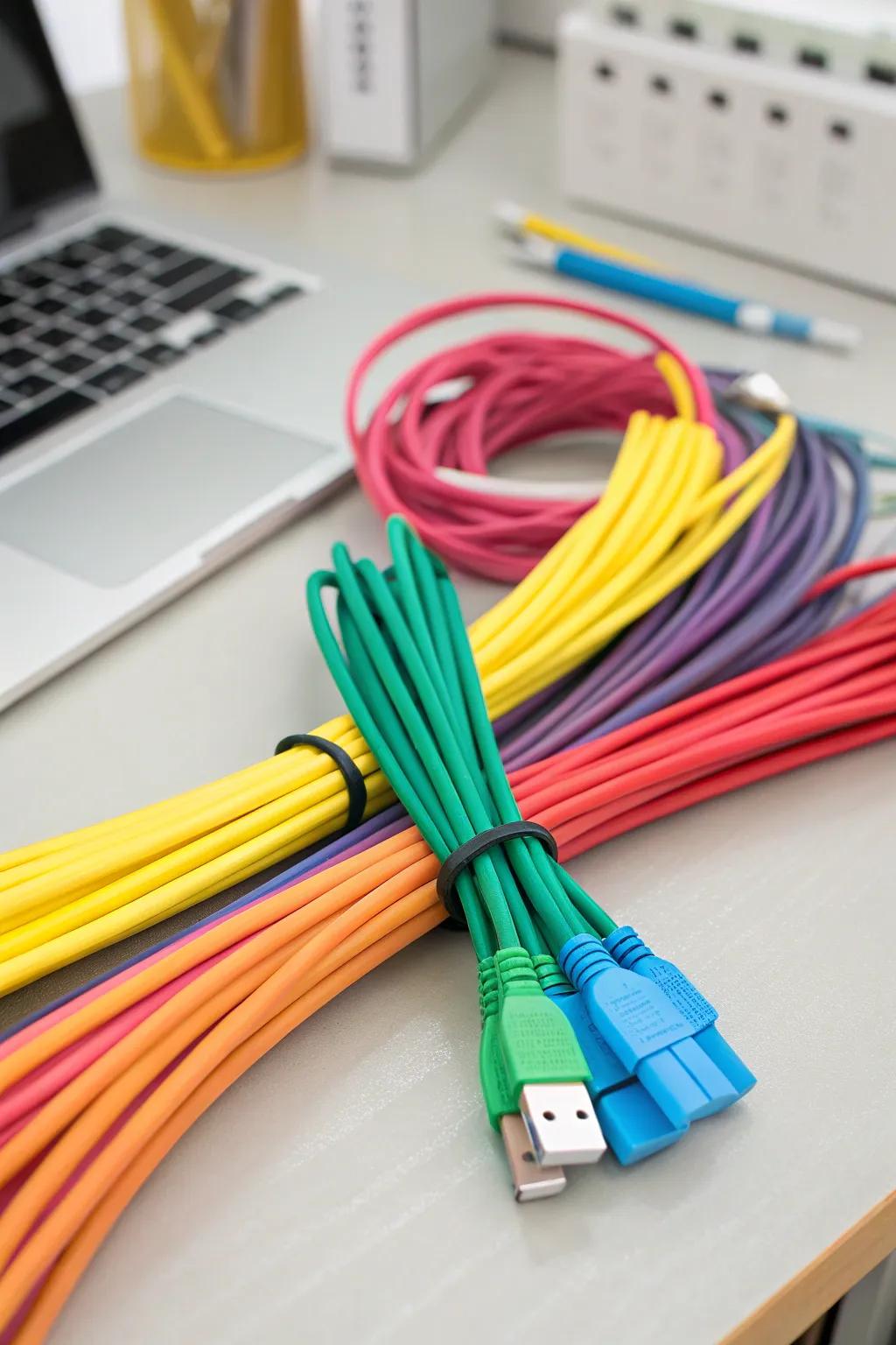 Colorful fasteners bundling cables in a neat manner.
