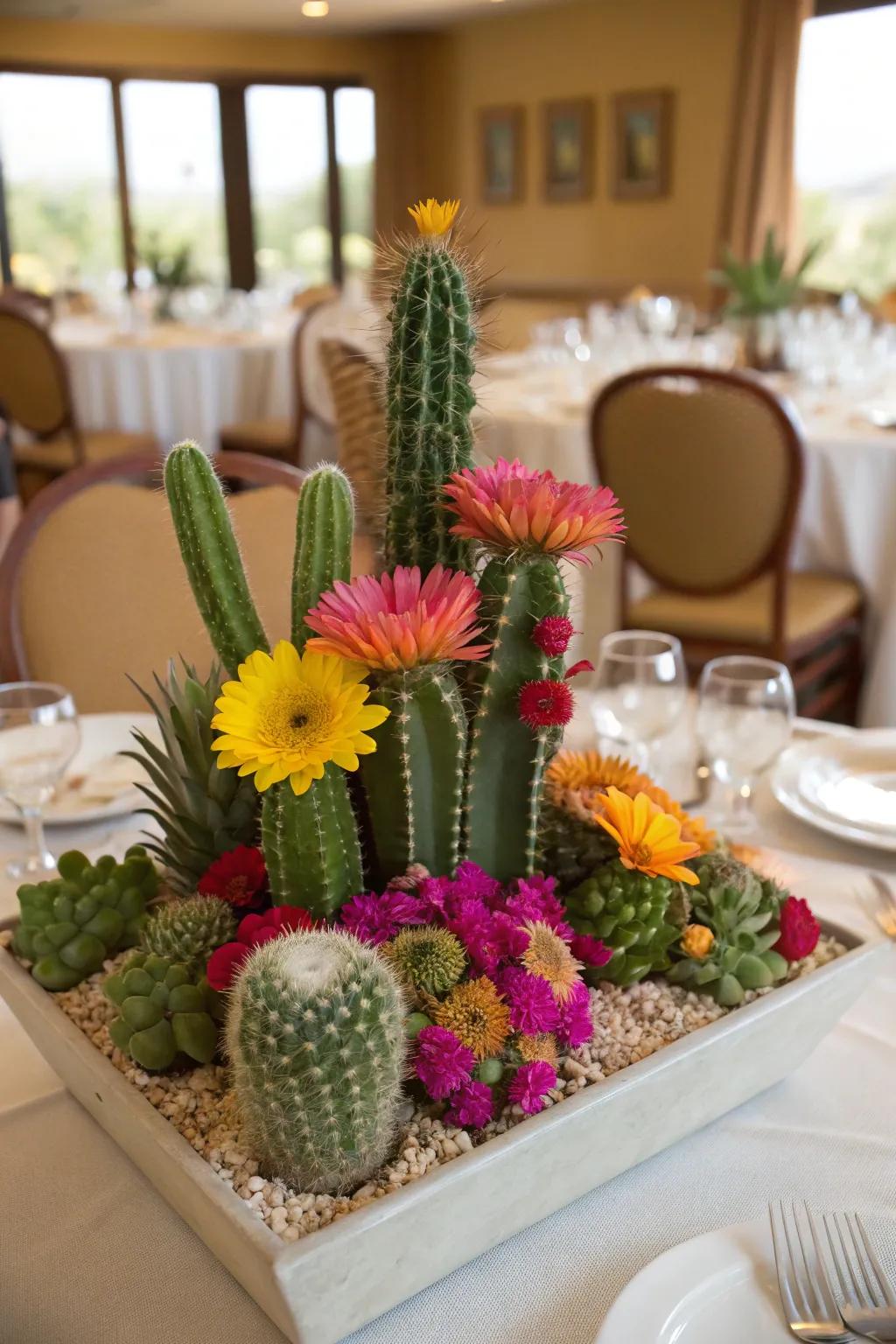 Cacti and blooms unite to produce a remarkable centerpiece.