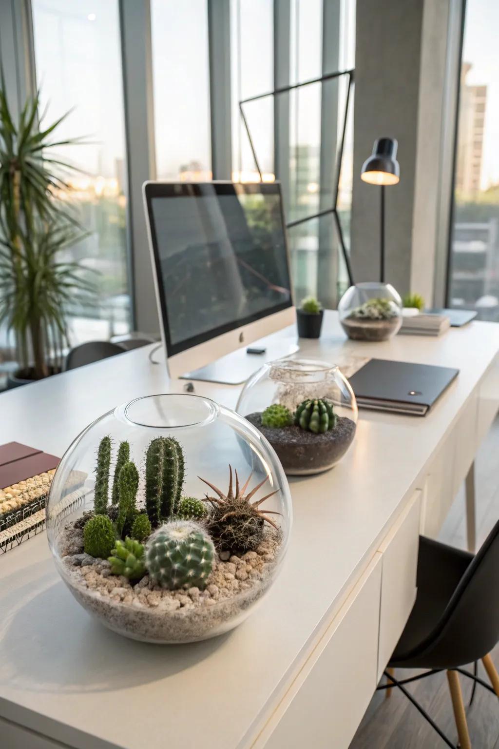 See-through terrariums offer modern housings to place your cacti.
