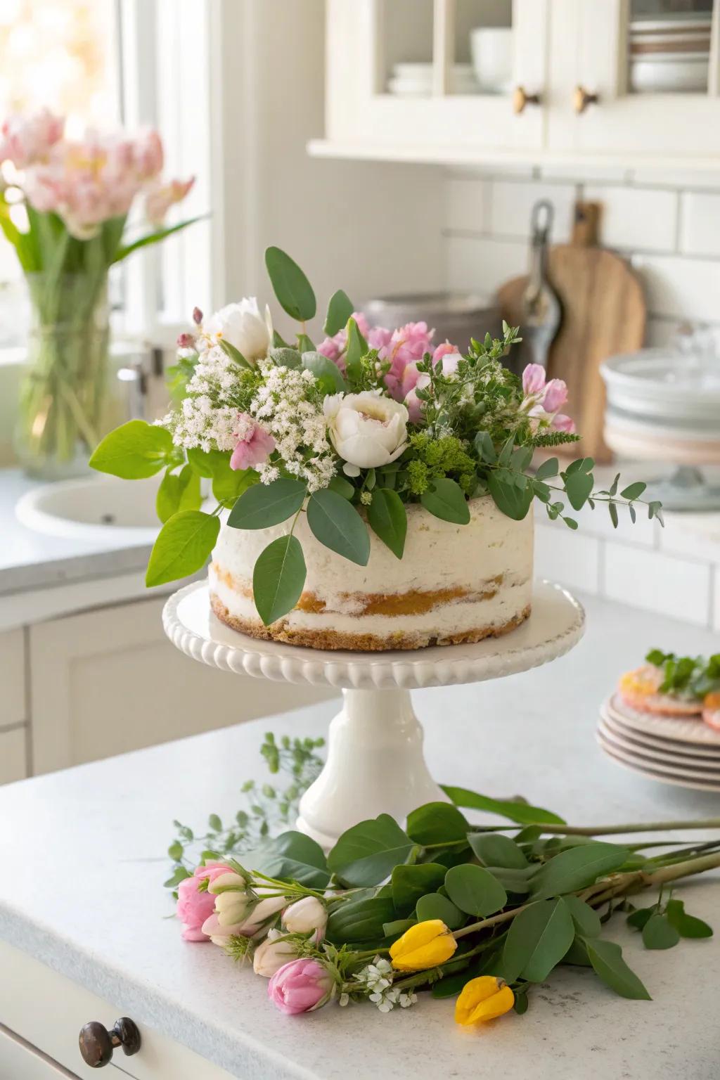 Flowers on a cake stand bring a refreshing and natural ambiance to your space.