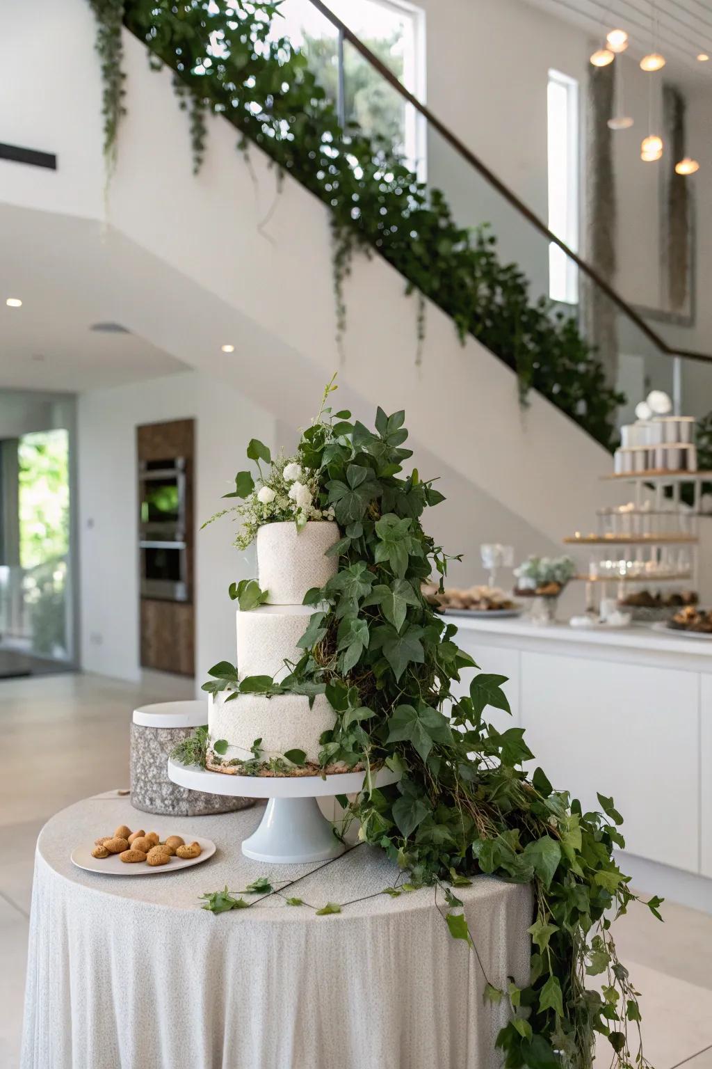 A cake table enhanced with trailing ivy and verdure, producing a revitalizing and natural atmosphere.