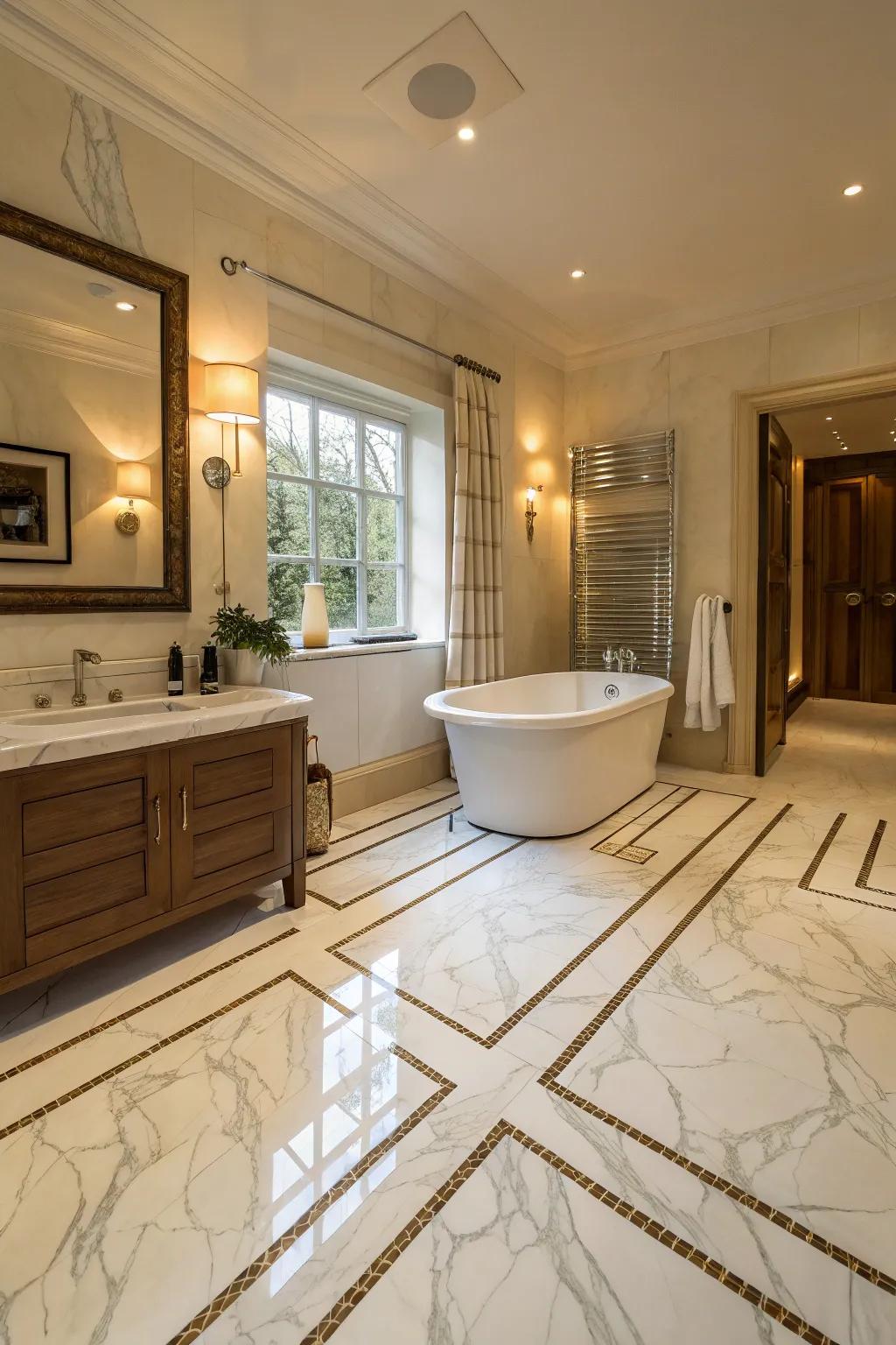 An inviting and pleasant bathroom boasting refined Luminous Stone ground covering.