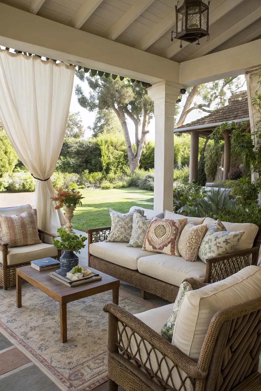 Pleasant seating in a California room featuring decorative pillows.