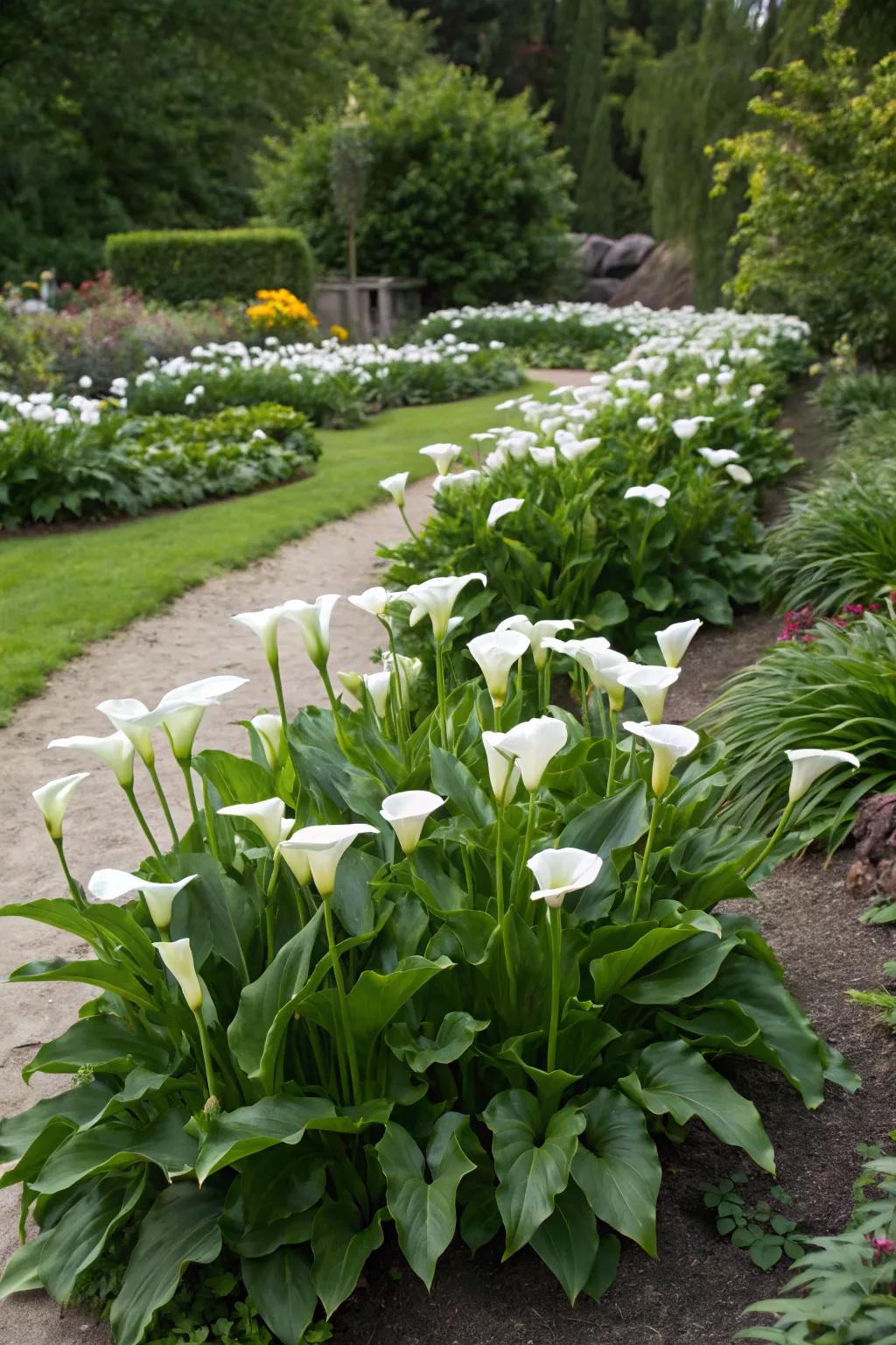 Calla lilies grown in odd-numbered layouts for a striking garden impression.