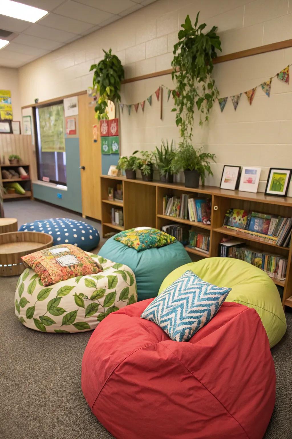 Comfortable seating arrangements in the classroom promote a stress-free learning setting.