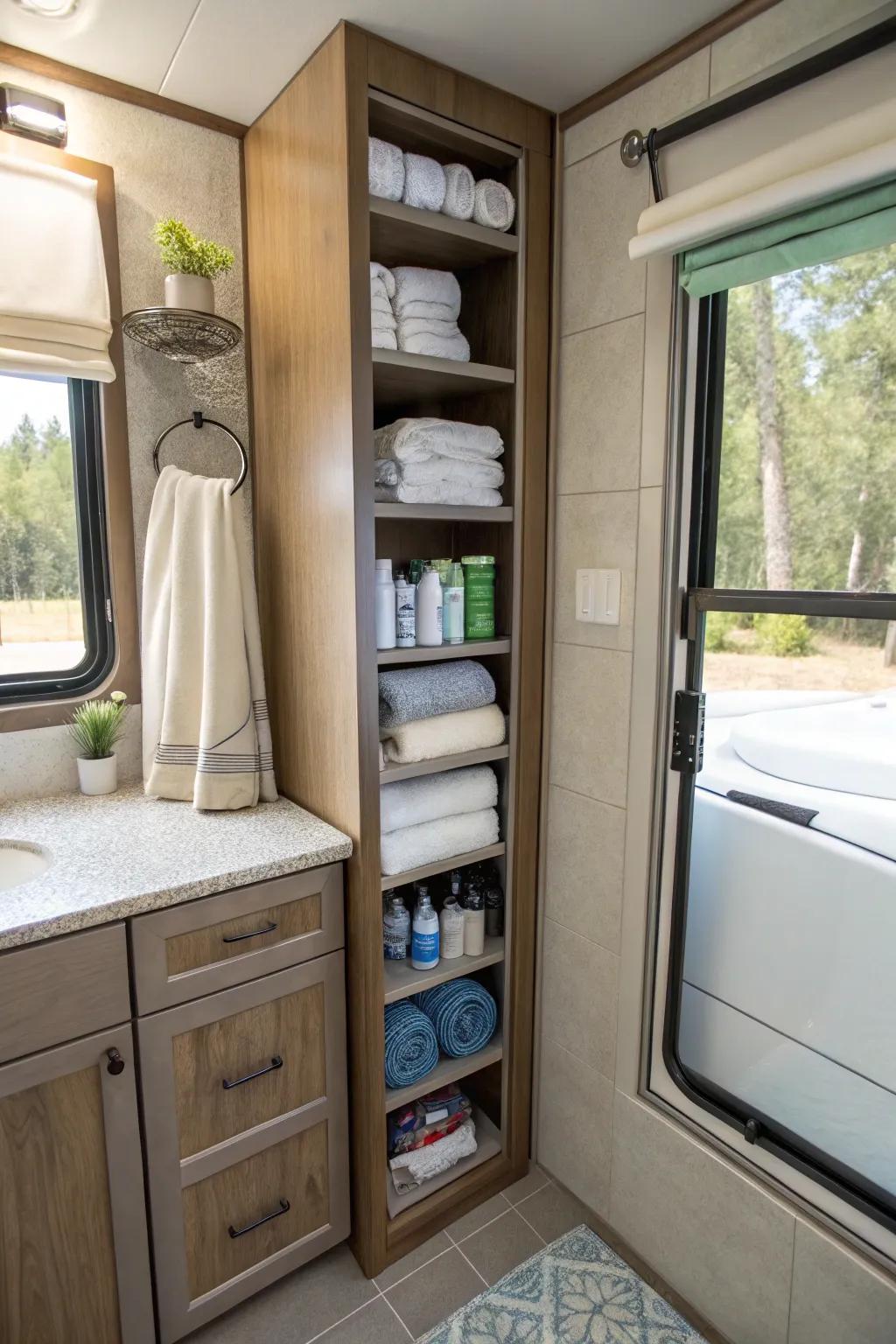 A tall, narrow cabinet effectively utilizing vertical space in a camper.