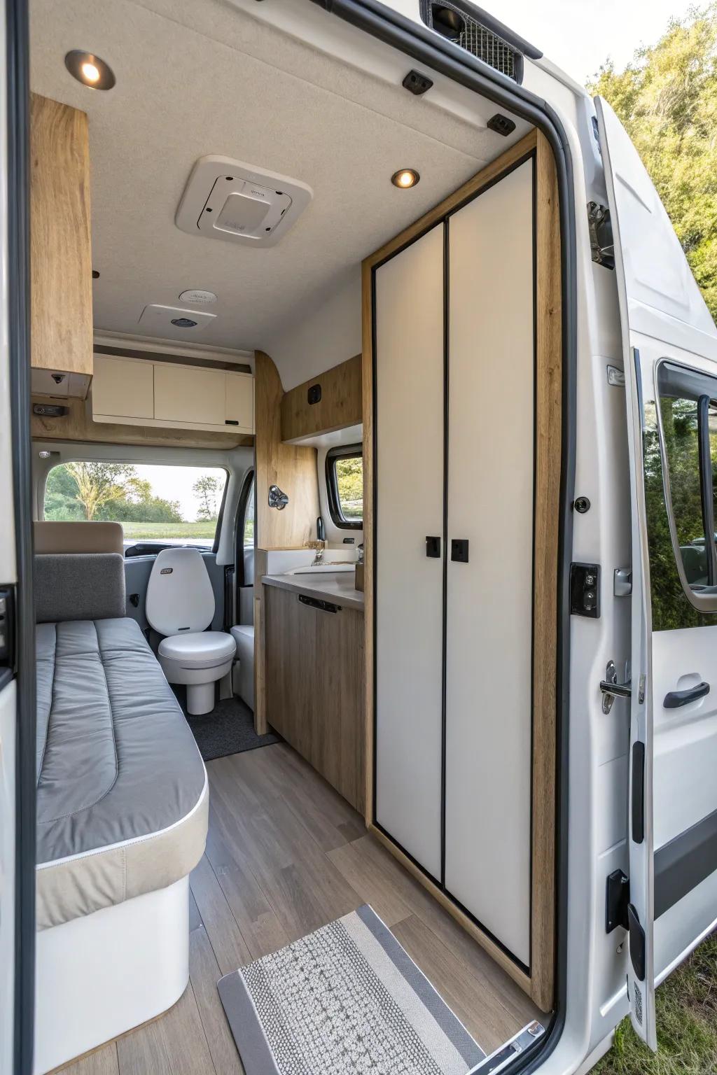 A camper van interior displaying a concealed bathroom, complete with sliding panels for exceptional space utilization.