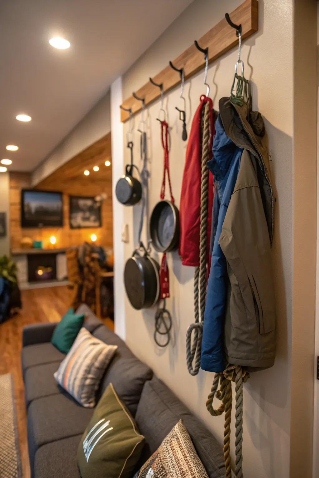 Wall-mounted hooks offer a straightforward and efficient storage option for camping gear.