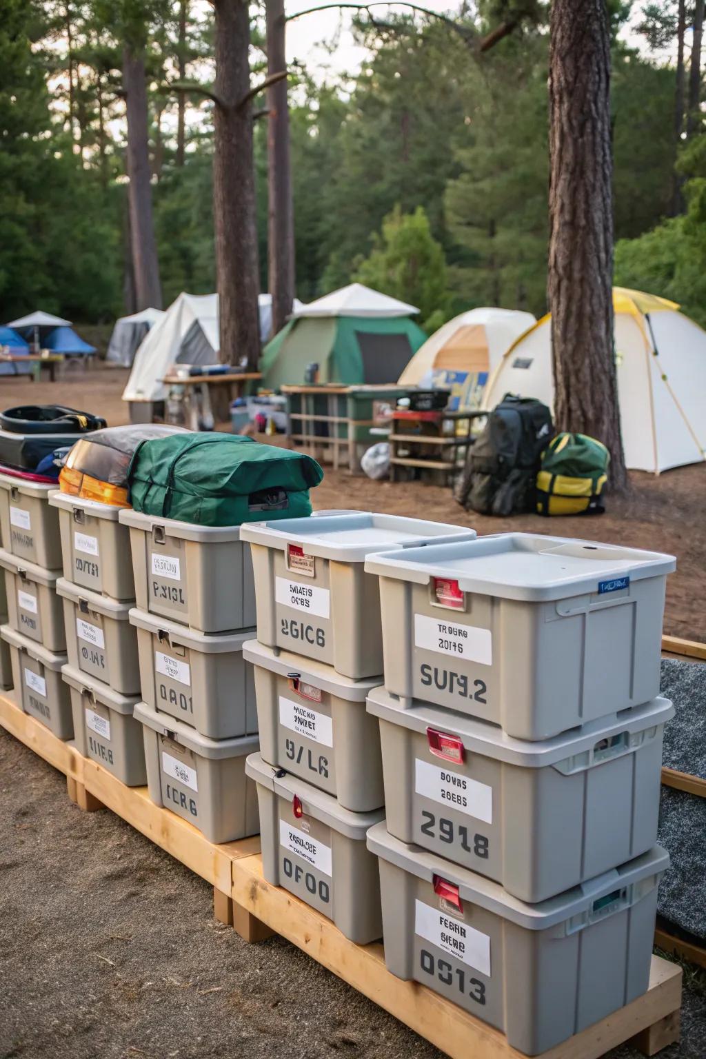 Maintain order in your camping kitchen with tagged storage bins.