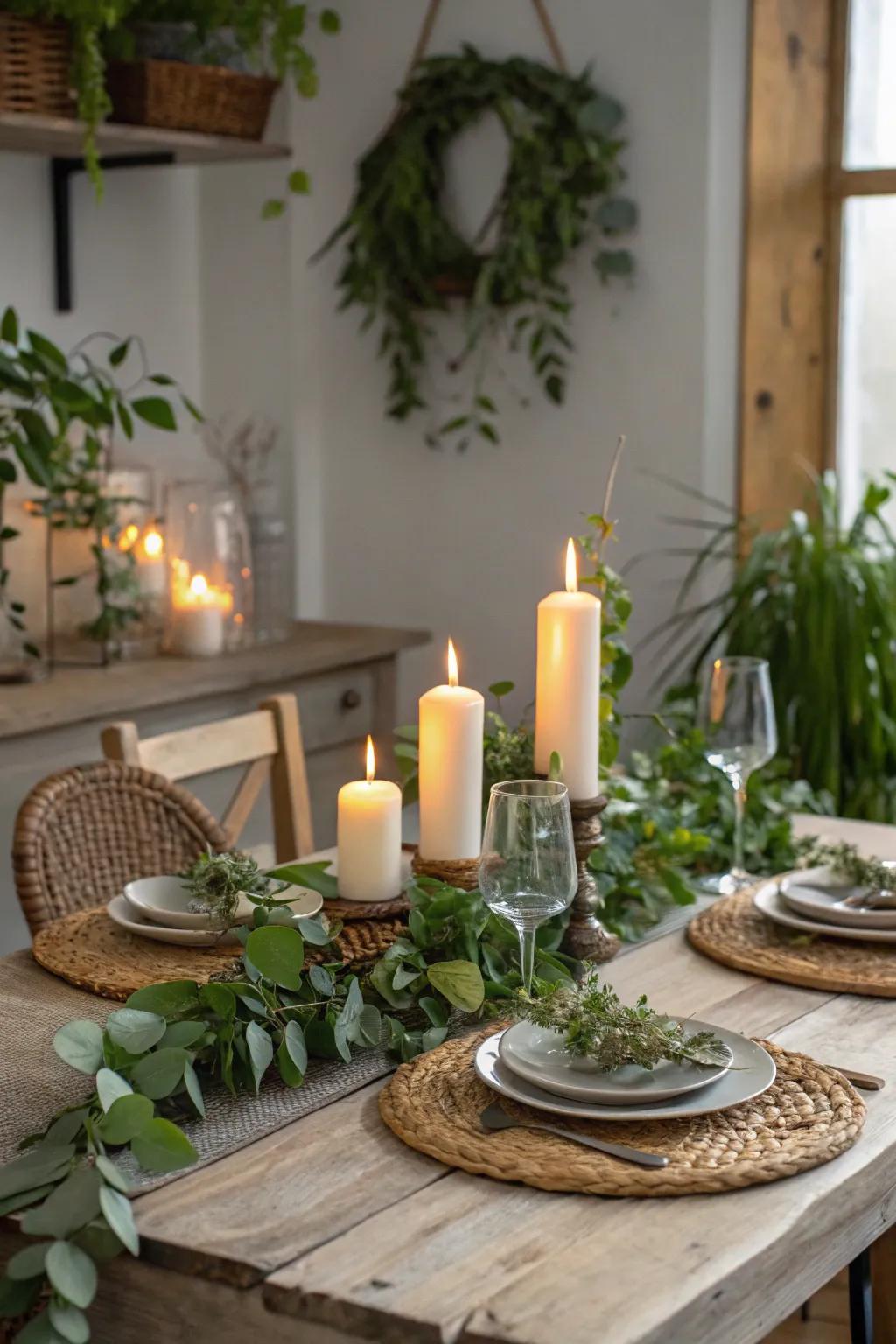 Paired foliage and lights create a homey and welcoming centerpiece.