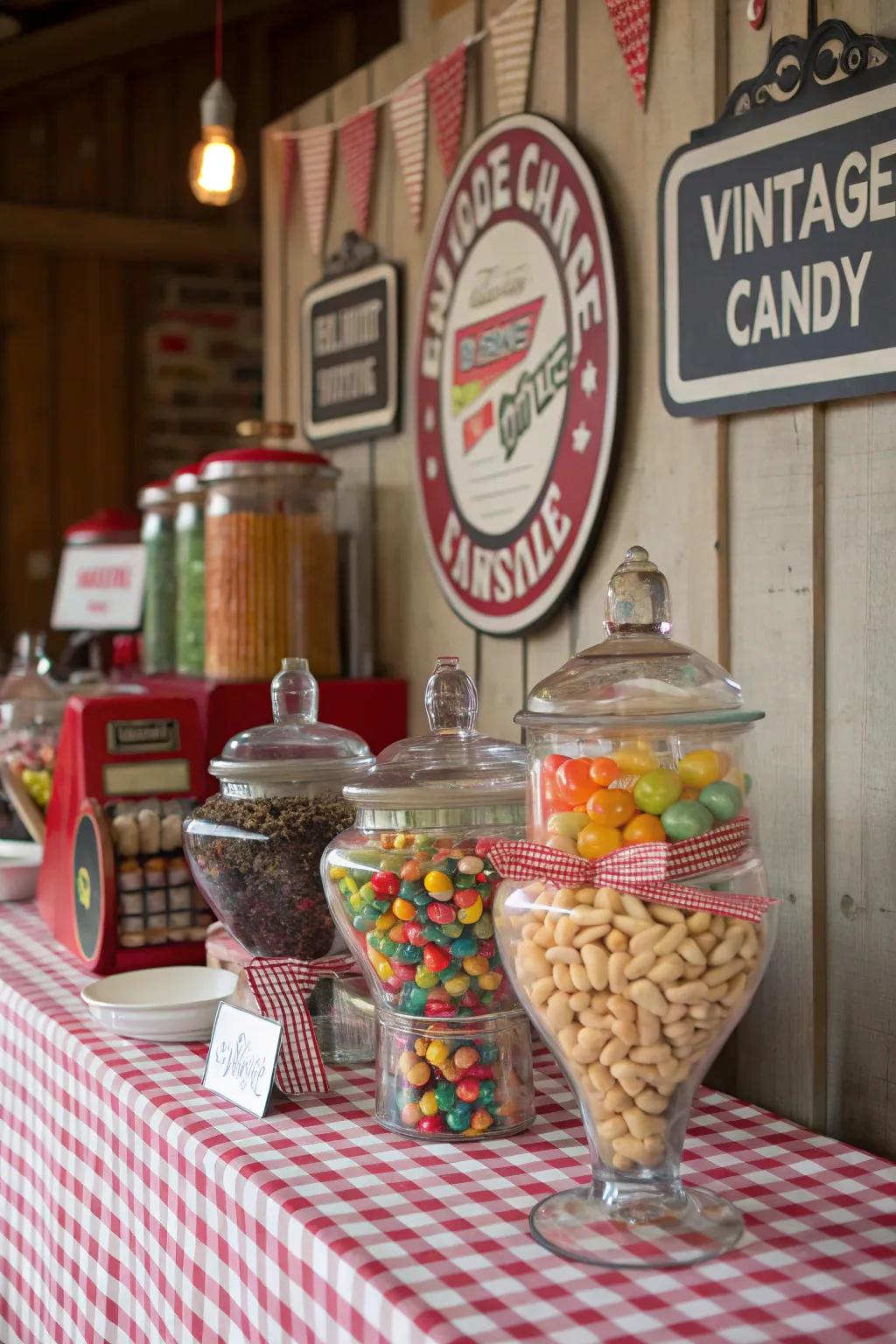 Travel back in time with this delightful retro sweets display featuring vintage treats.