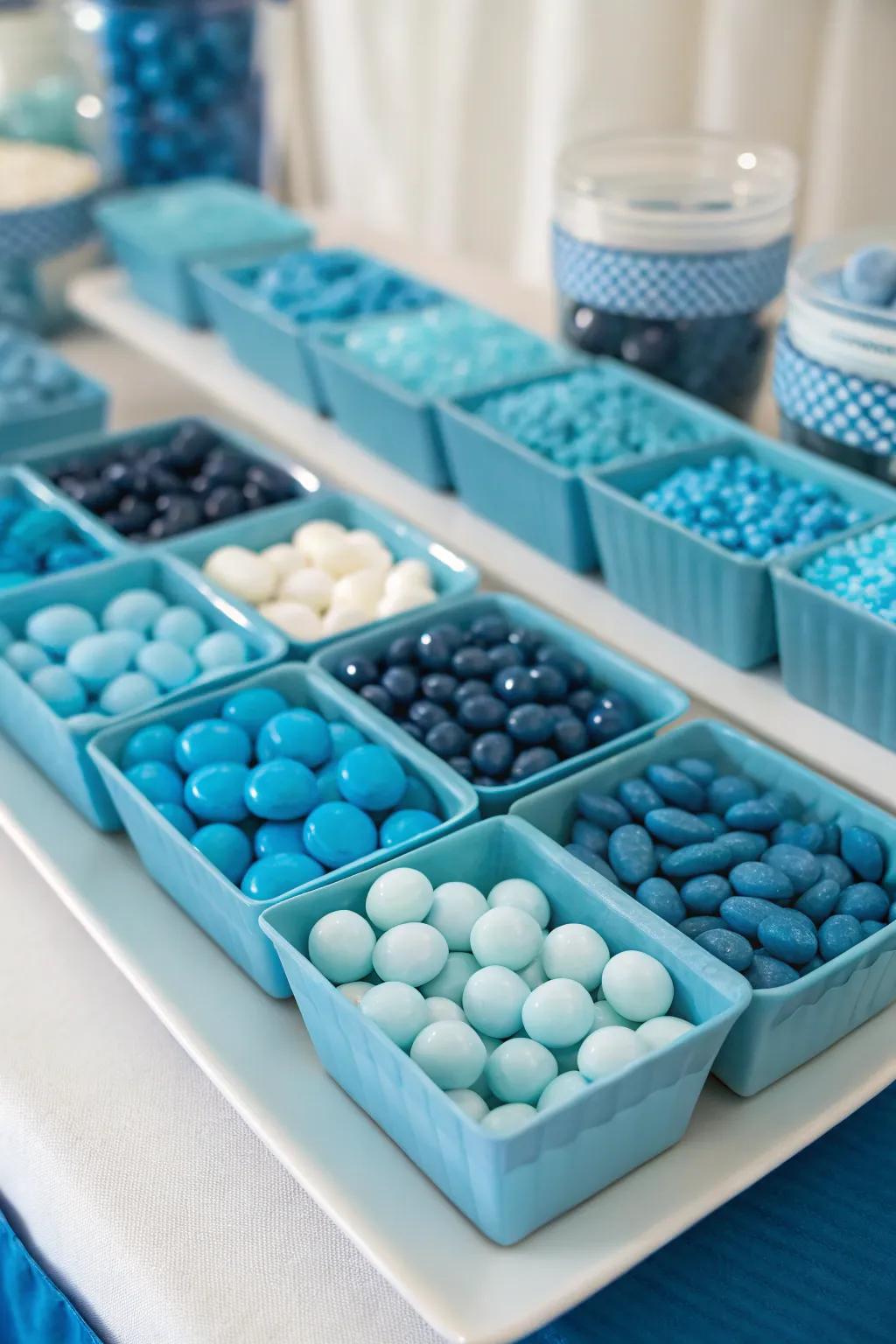 Elegant monochrome dessert table featuring a captivating all-blue theme.