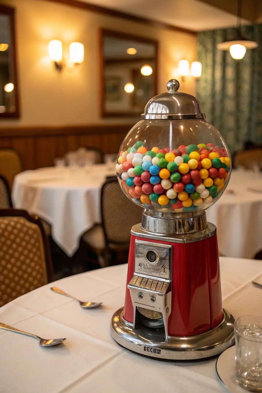 A bubble dispenser filled with assorted sweets adds a nostalgic charm.