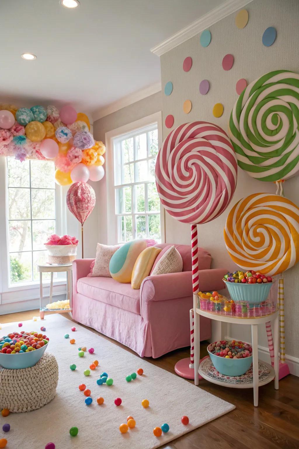 Oversized candy decorations lend a playful element to your living space.