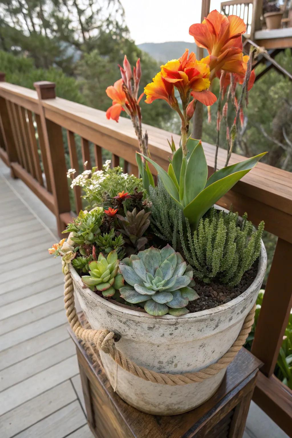A distinctive blend of pinta lilies and succulents for enhanced surface appeal.