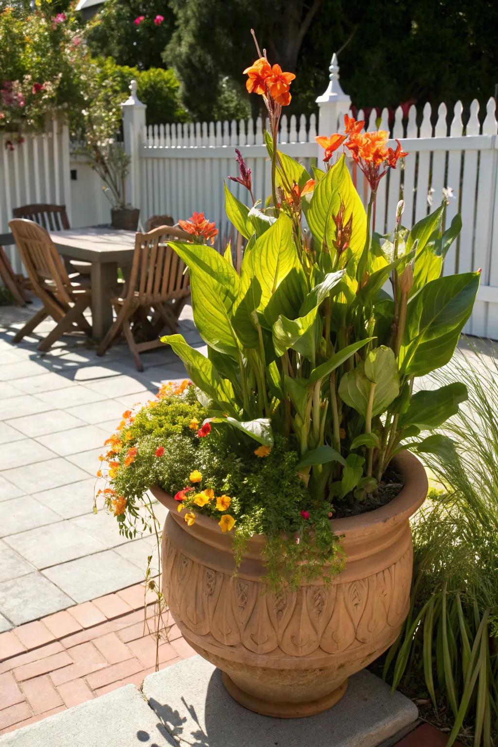 Canna lilies flourish in sizable containers, ideal for patios.