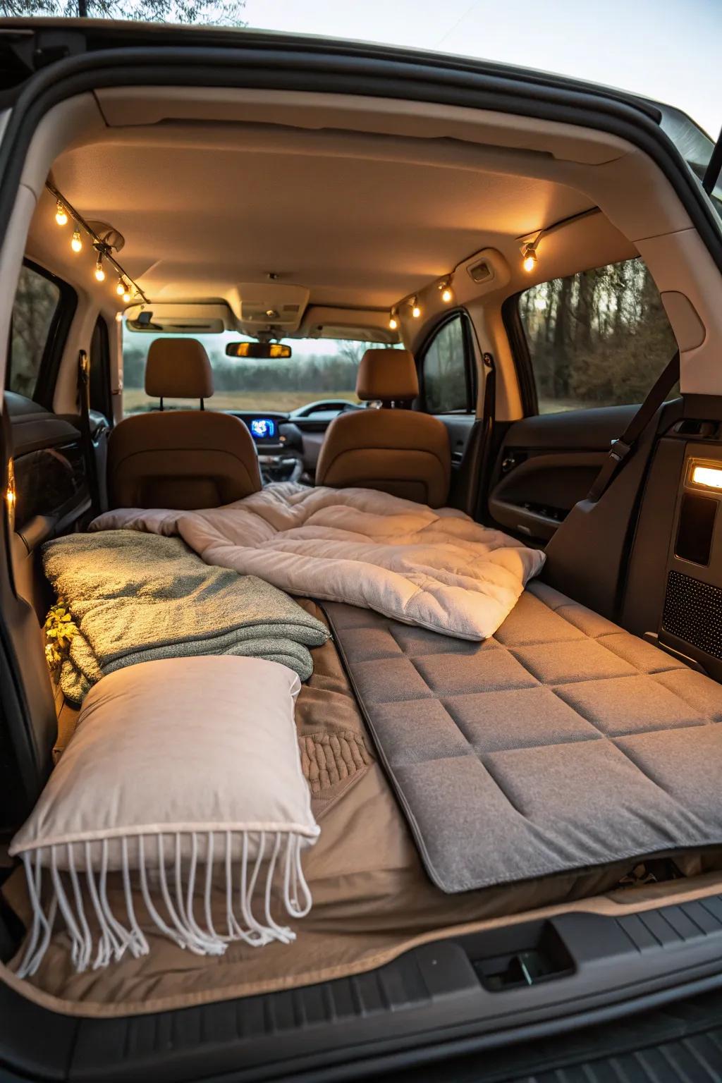 Transform your vehicle into a cozy sleeping area with suitable bedding.