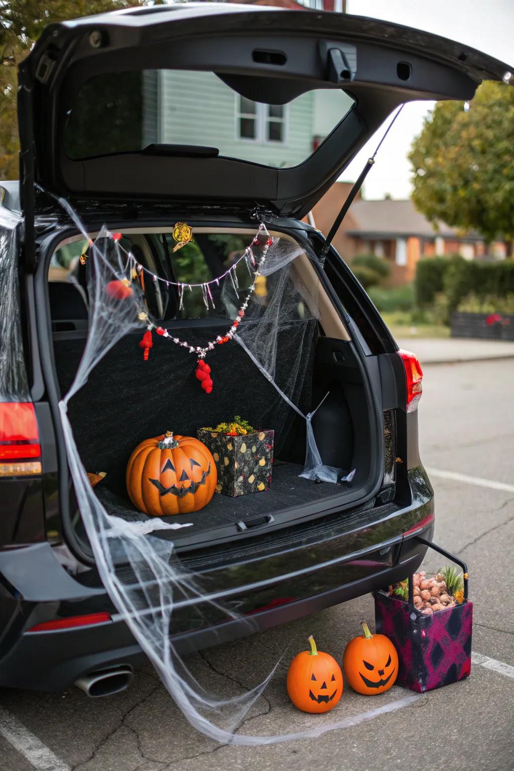 A trunk transformed into a spooky Halloween display, ideal for a trunk or treat event.