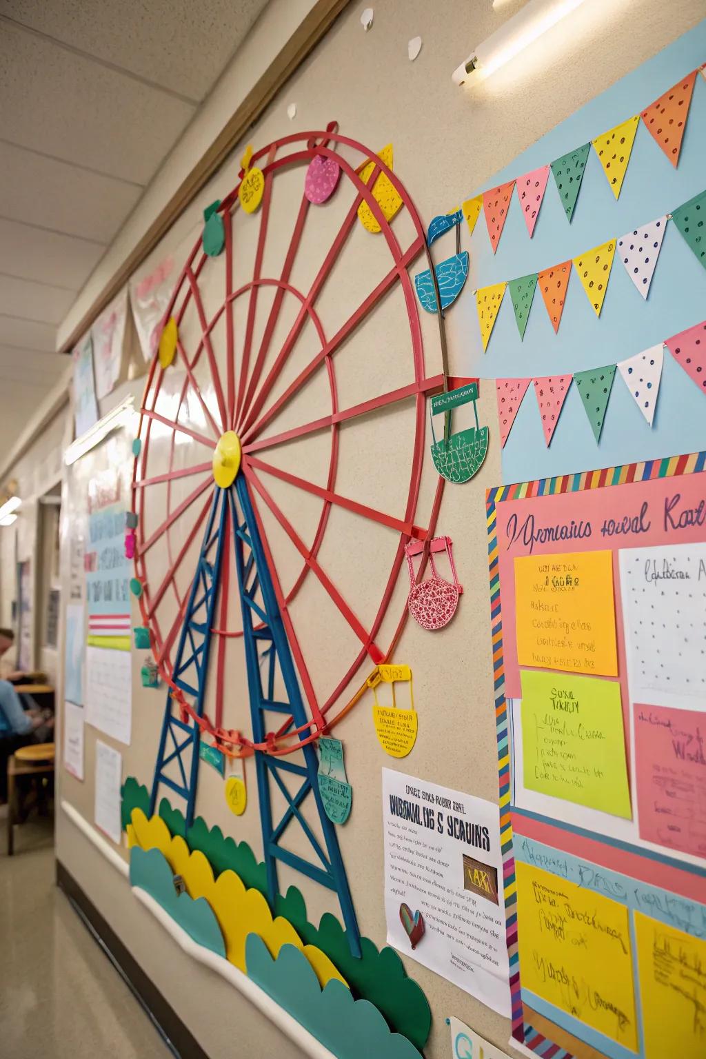 A whimsical giant wheel gives a fun accent to this fair-themed bulletin board.