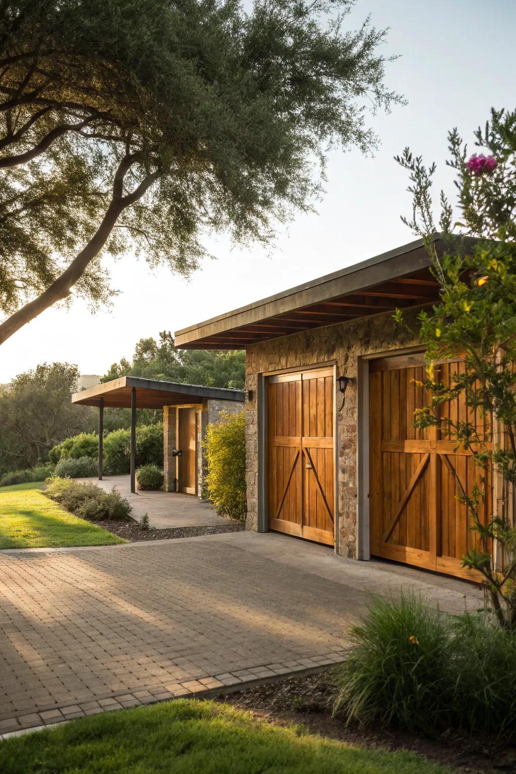 A carport featuring comforting wooden doors that establish a seamless link with the surrounding landscape.