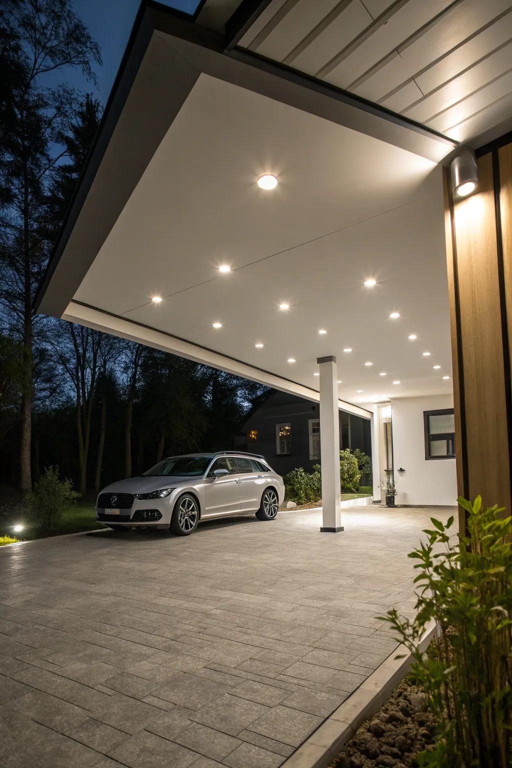 Sunken illumination maintains your carport's refined and bright appearance.