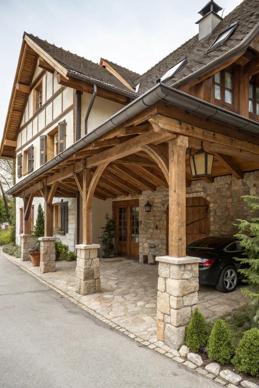 A rustic carport with natural wood bars and stone details.