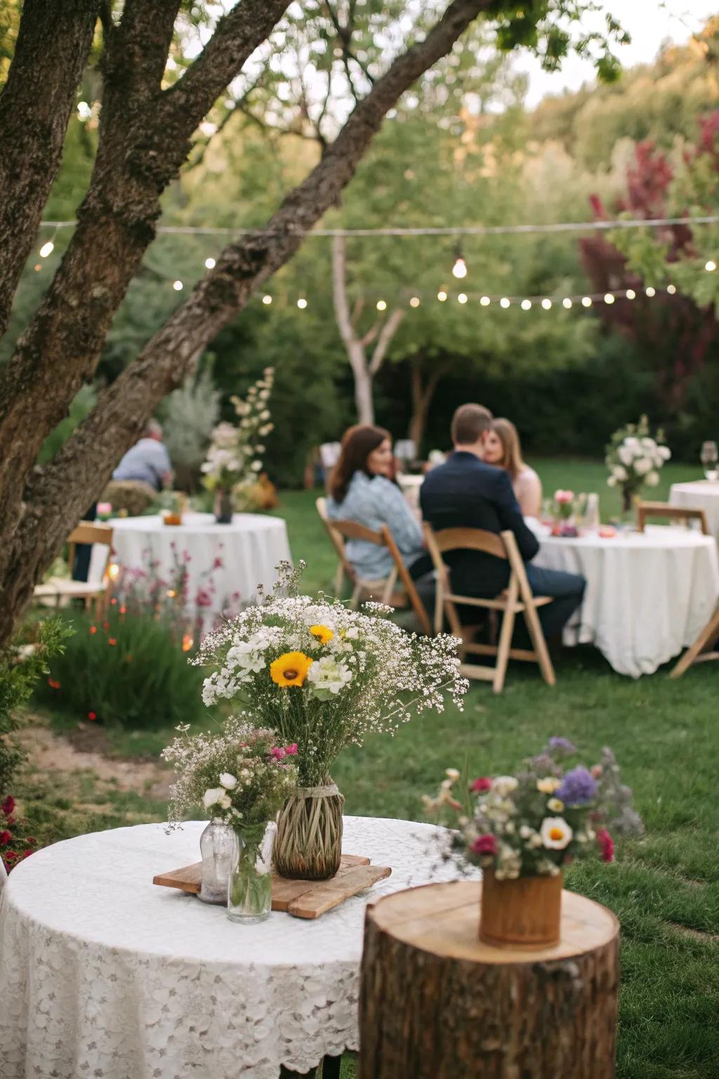 Lovely wildflower decorations add a unique touch to wedding tables.