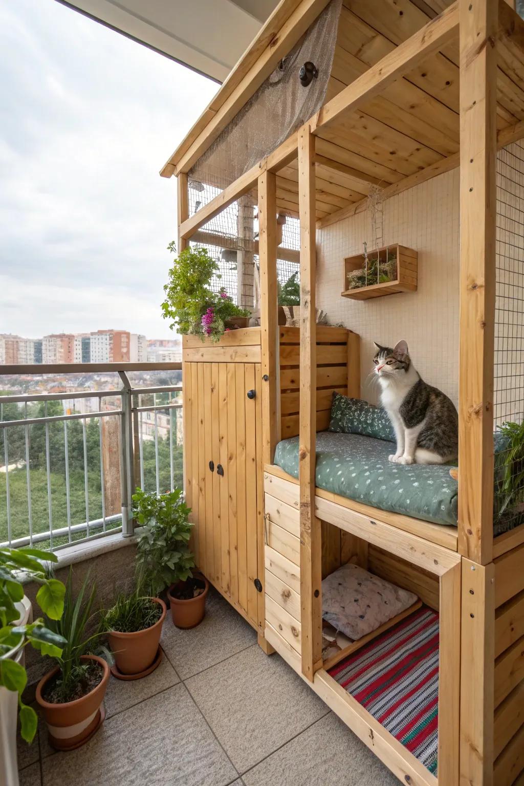 Construct your own wooden catio for a custom feel.