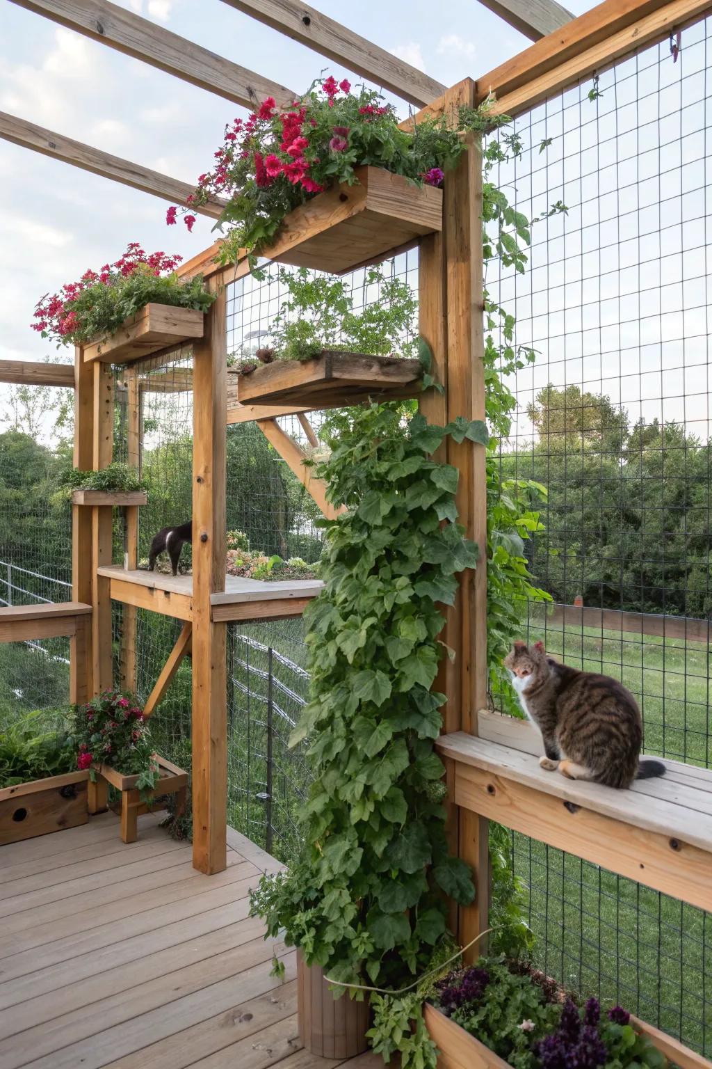 Inherent climbing elements assimilated into a catio, producing a lively and aesthetically appealing setting.