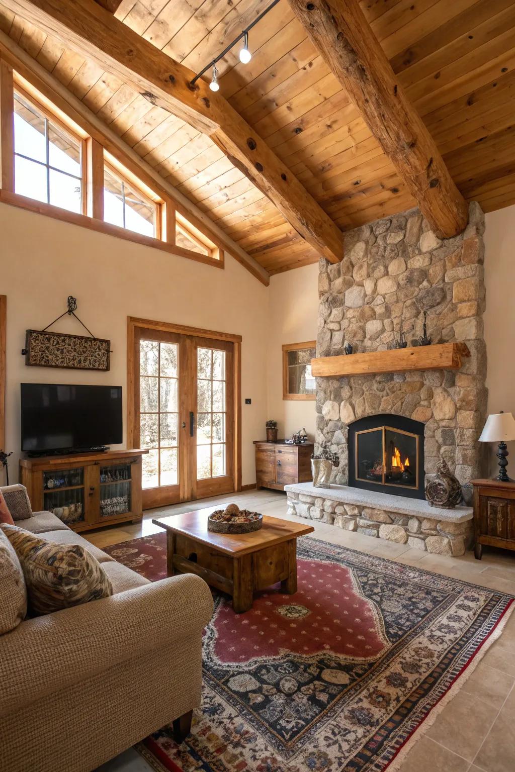 Infuse warmth and uniqueness using exposed timber support.