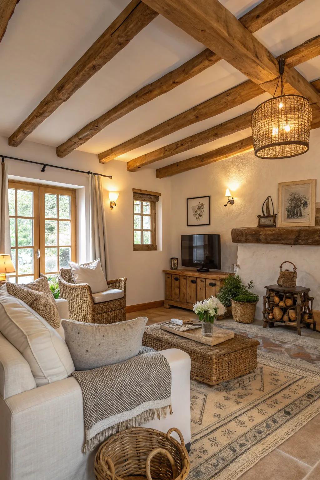 Evoke a rustic atmosphere with exposed wooden beams.