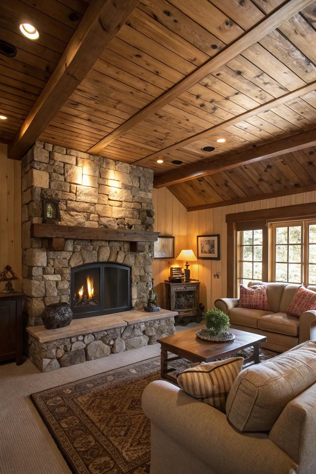 A cozy living room warmed by Timber Panel ceiling tiles.