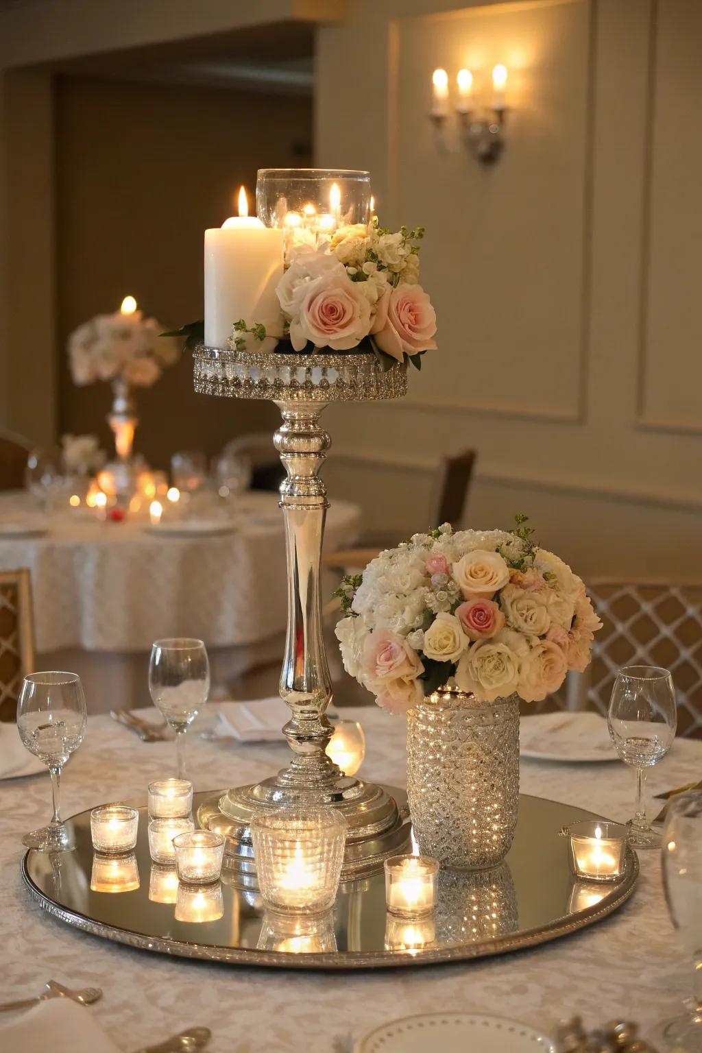 Refined panache with a reflecting glass centerpiece base.