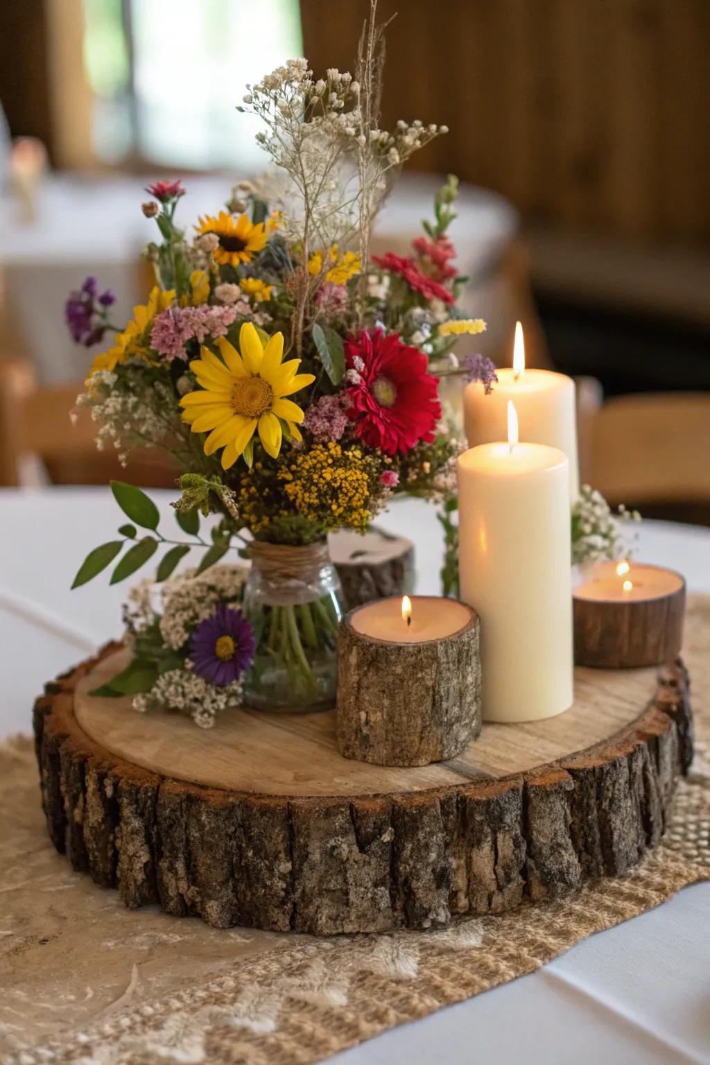 Earthy timber disc centerpiece showcasing untamed flowers.