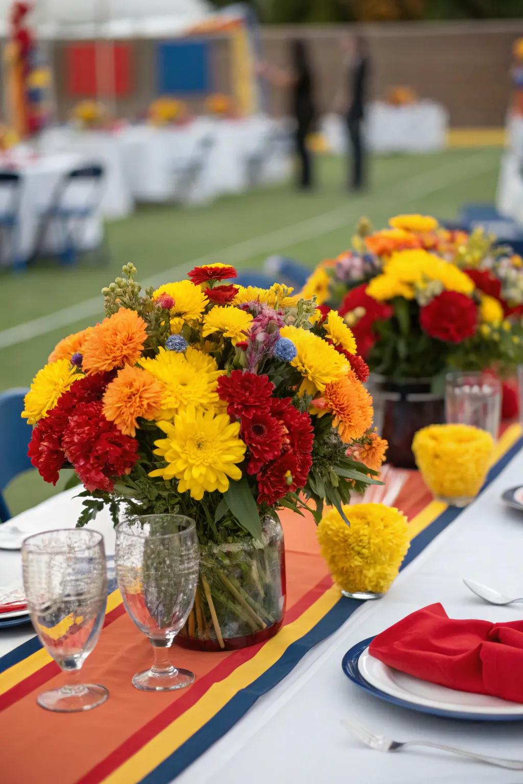 Radiant flower arrangements infuse the celebration with academic pride.