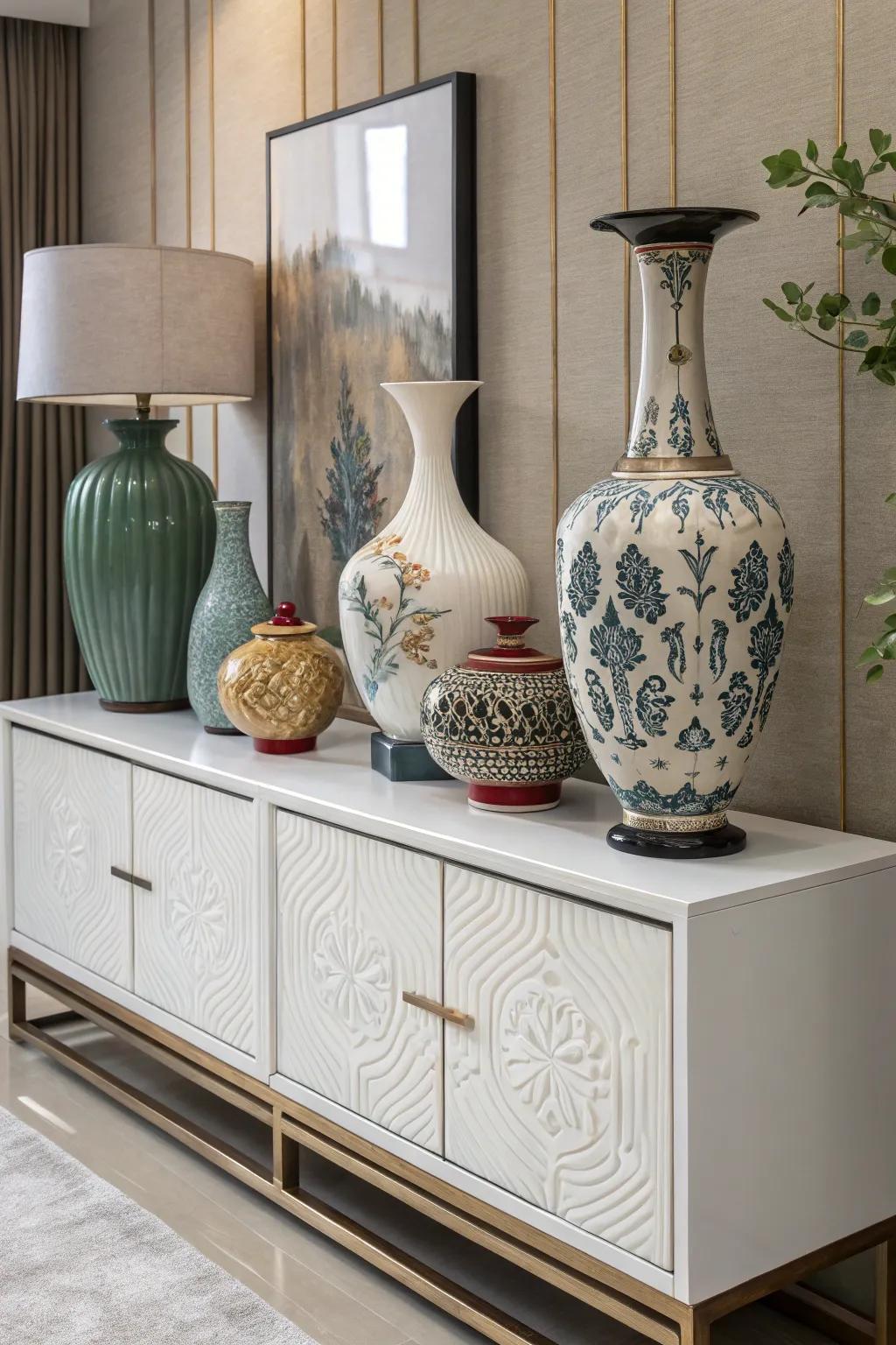 A medley of ceramic vases in assorted forms crafts an alluring spectacle.